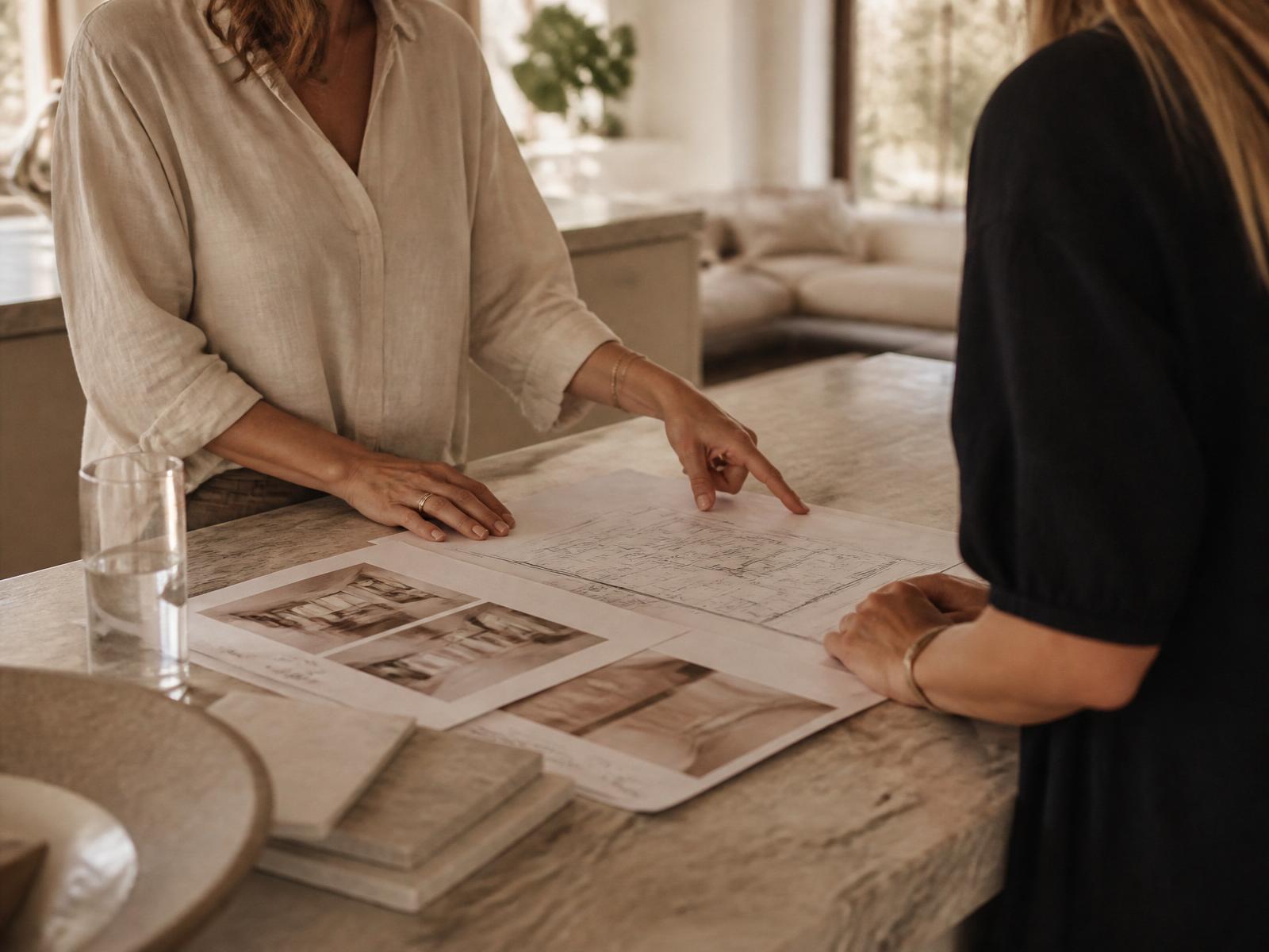 Advisor reviewing renovation plans with a homeowner at a stone island