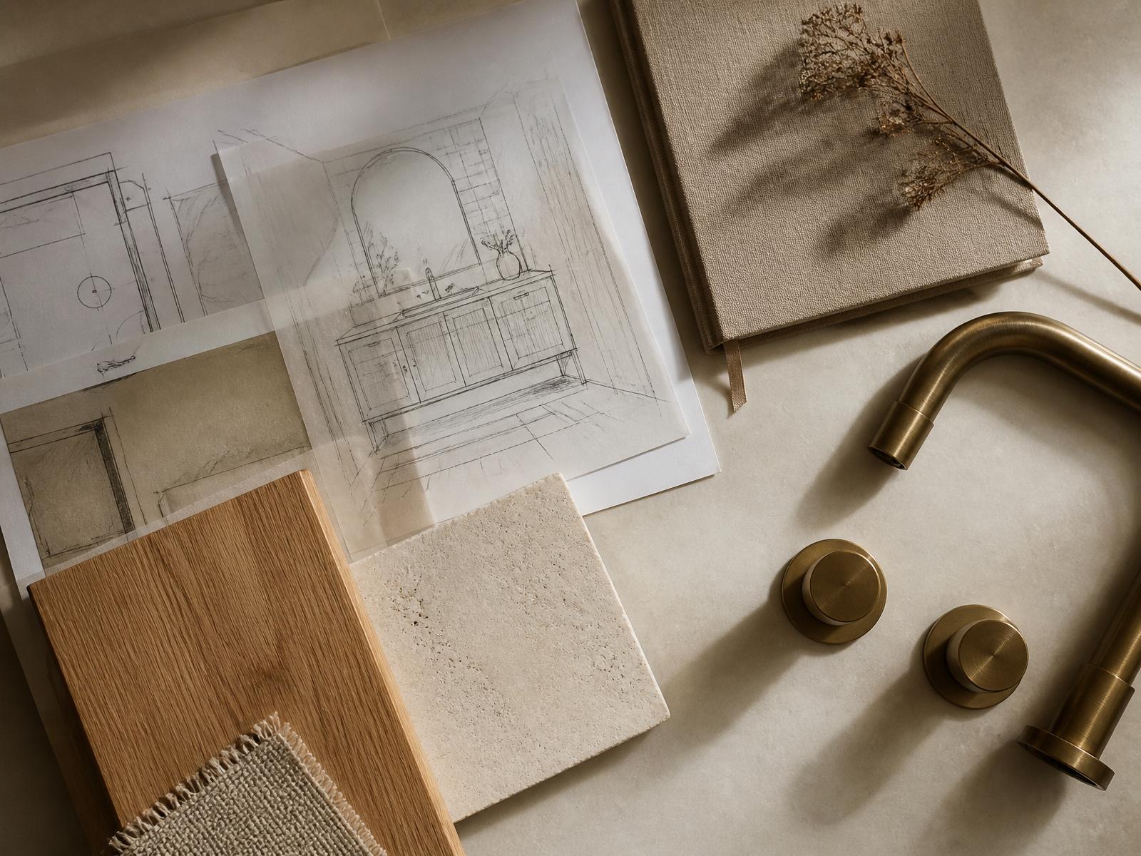Renovation plans, oak samples, travertine and brass tapware flat lay